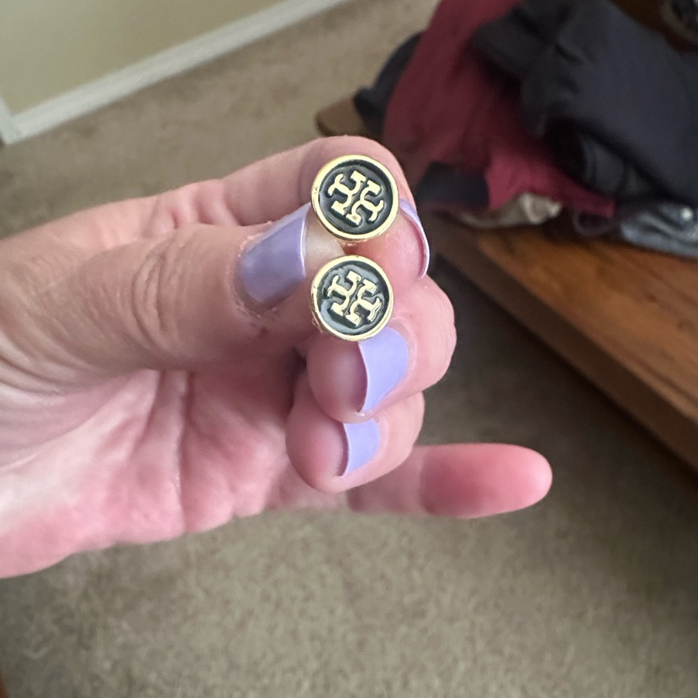 Tory Burch Gold and Black Logo Stud Earrings